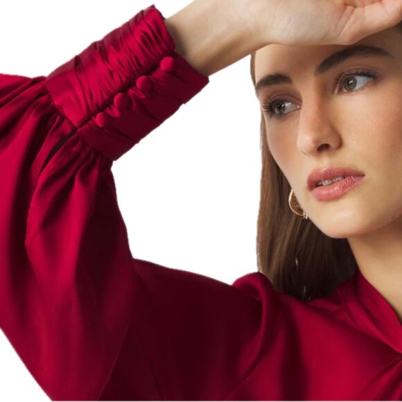 NWT White House Black Market | Long Sleeve Twisted Neck Red Satin Blouse Size 8 - Picture 2 of 13